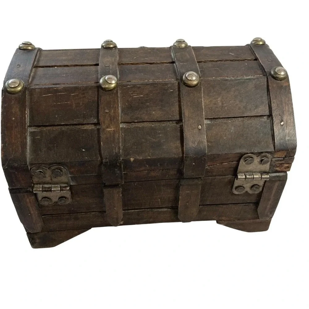Vtg Wooden Pirate‎ Treasure Chest Jewelry Box Lion Head Hardware Decor Sailor